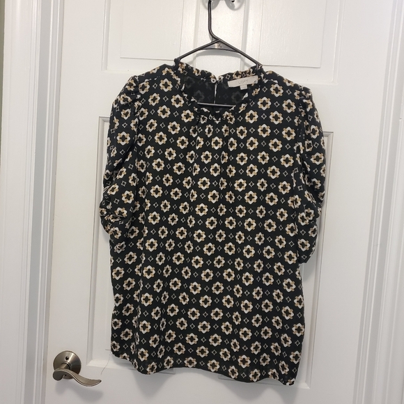 LOFT Geo Cinched Sleeve Ruffle Neckline Blouse Size XL, Business Casual - Picture 8 of 12